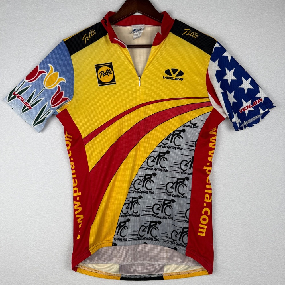 Voler Cycling Jersey Mens L Yellow Pella USA Stars Floral 1/4 Zip Short Sleeve